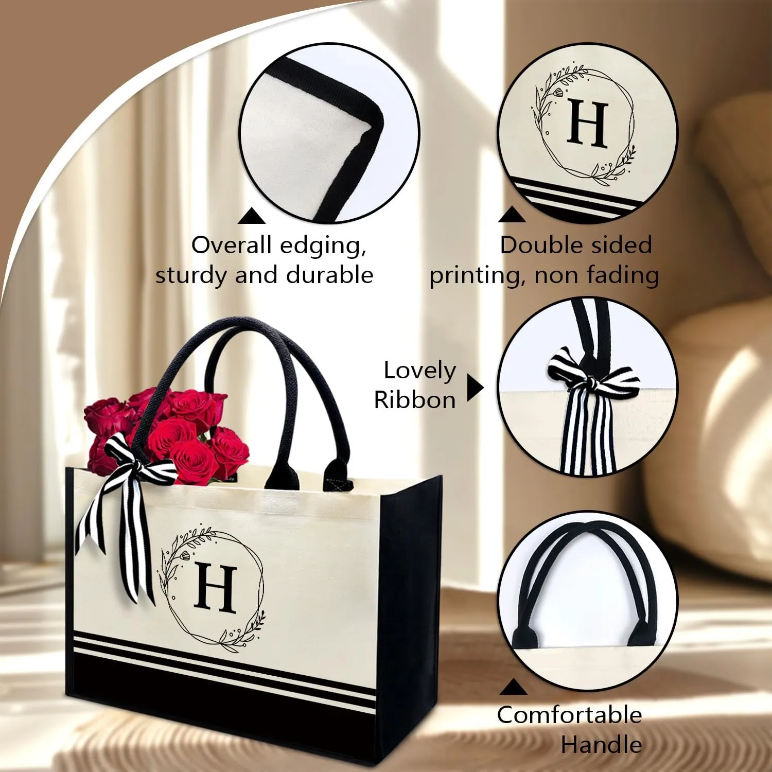 FOURTH WING Personalized Initial Canvas Beach Bag,Monogrammed Gift Tote Bag for Women,Gift for Birthday Wedding Bridesmaid