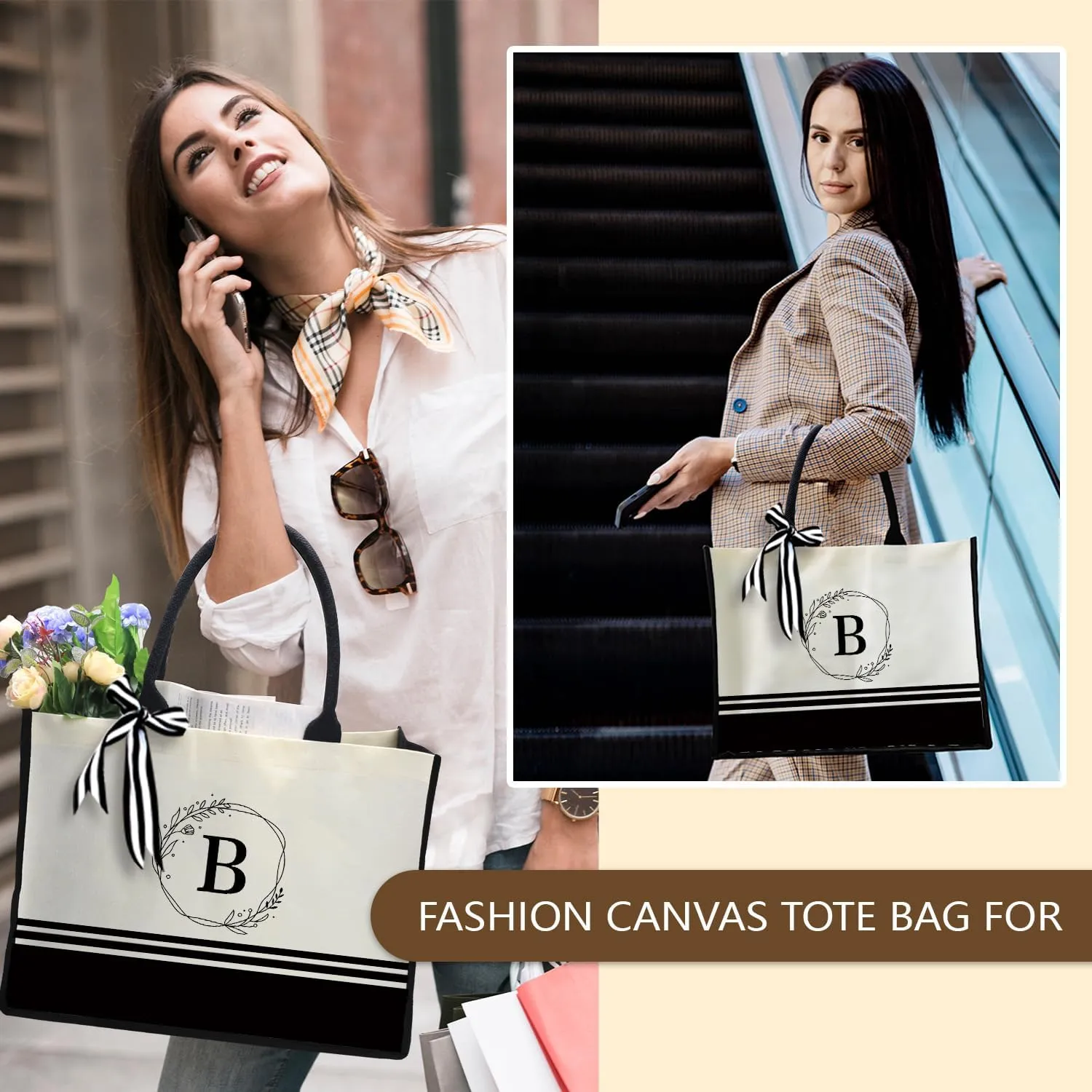 FOURTH WING Personalized Initial Canvas Beach Bag,Monogrammed Gift Tote Bag for Women,Gift for Birthday Wedding Bridesmaid