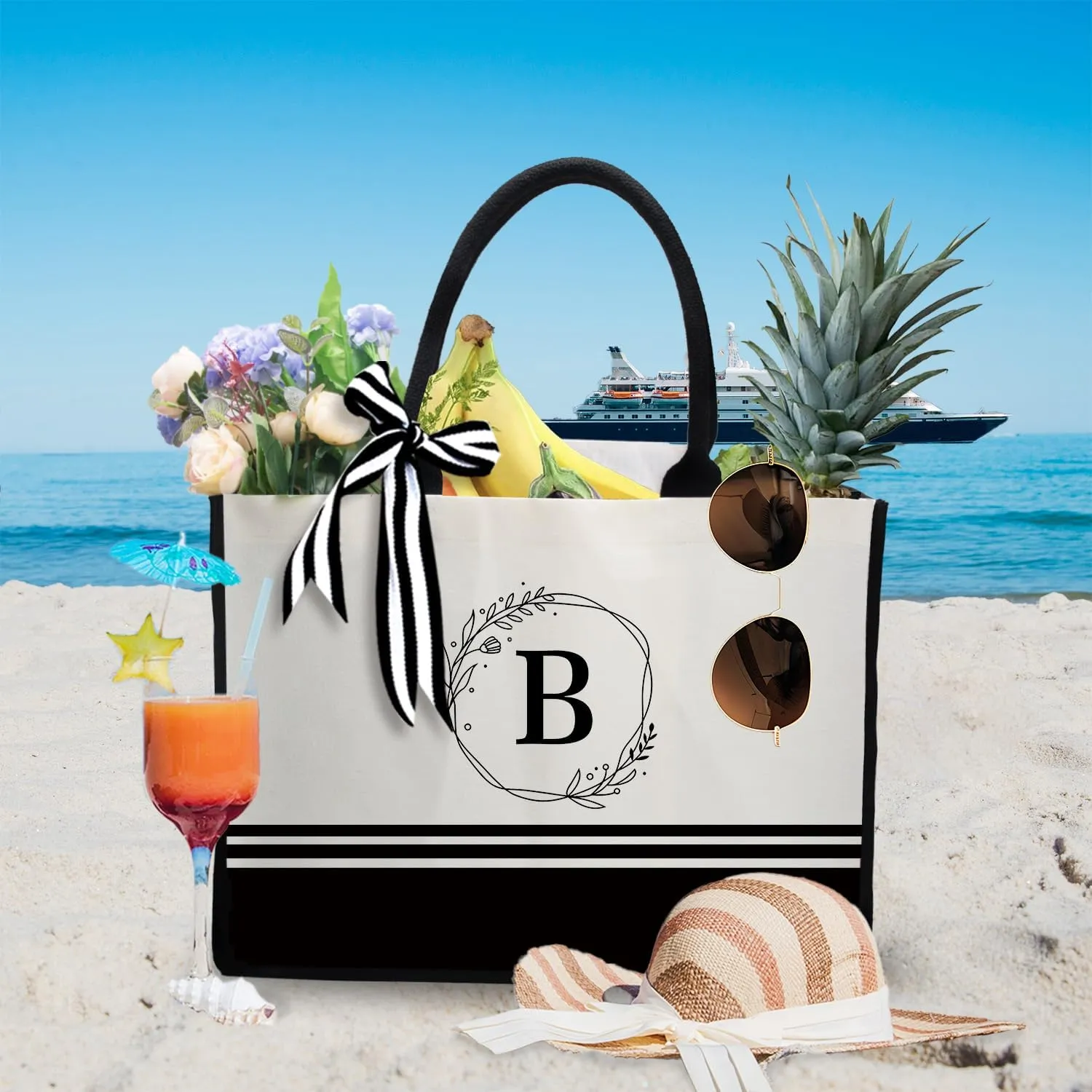 FOURTH WING Personalized Initial Canvas Beach Bag,Monogrammed Gift Tote Bag for Women,Gift for Birthday Wedding Bridesmaid