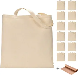 FunisFun 12 Pack Blank Canvas Tote Bags Bulk Reusable Shopping Grocery Bag for Crafts with a PTFE Teflon Sheet DIY