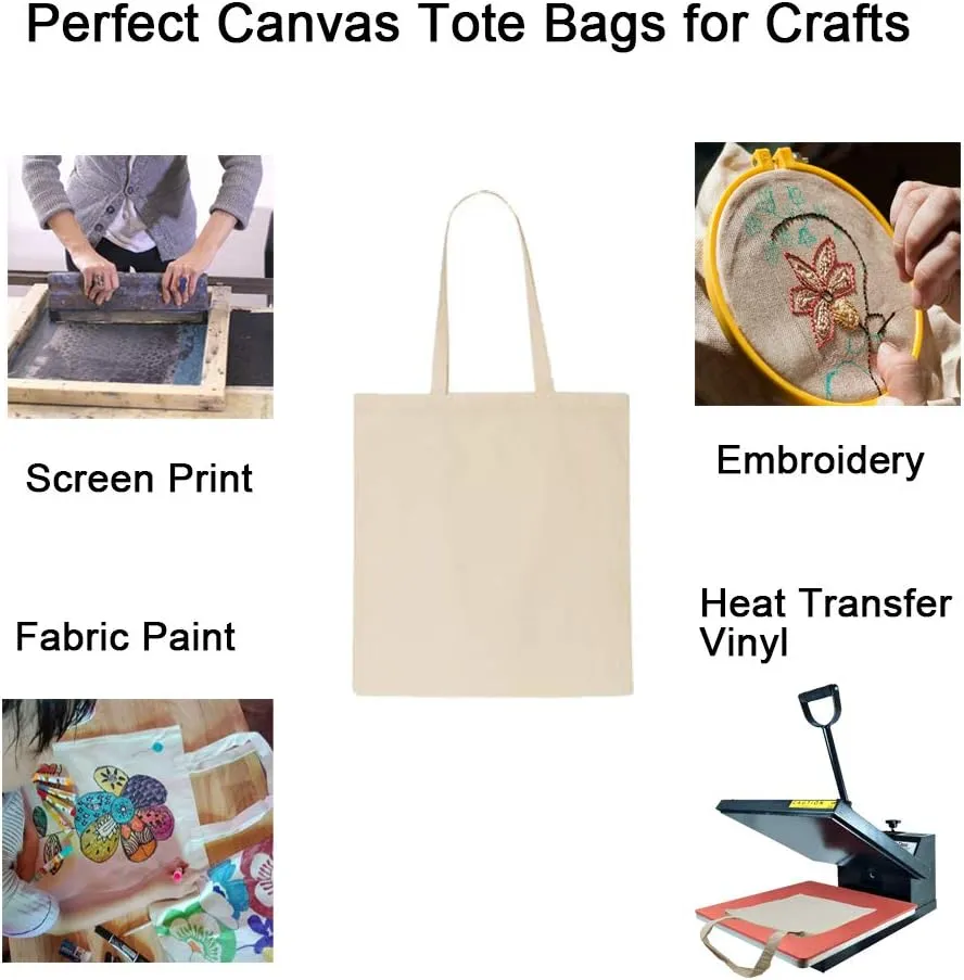 FunisFun 12 Pack Blank Canvas Tote Bags Bulk Reusable Shopping Grocery Bag for Crafts with a PTFE Teflon Sheet DIY