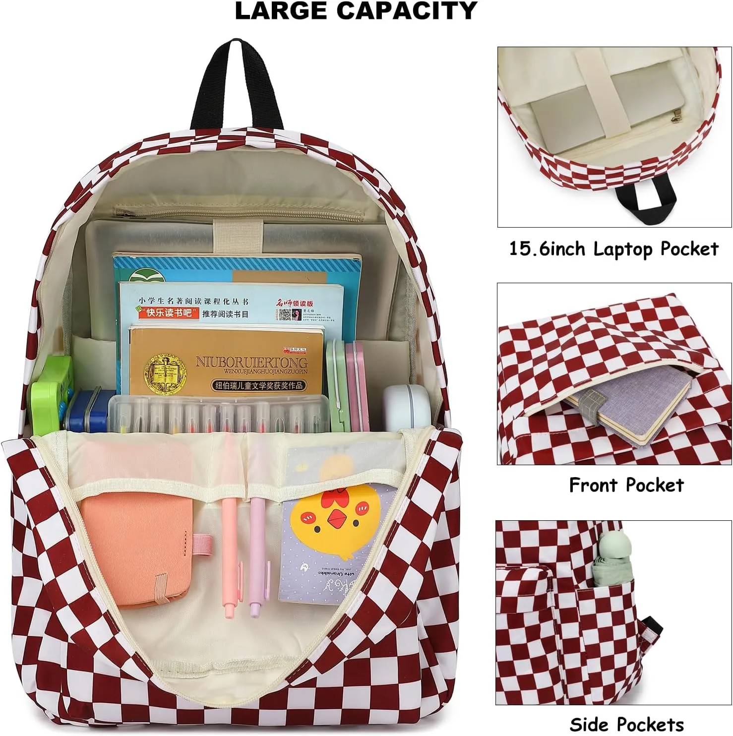 Fuyicat Checkered School Backpack for Girls, Kids Teens Elementary Middle School Bag Women College Bookbag Laptop Backpacks (Wine Red)