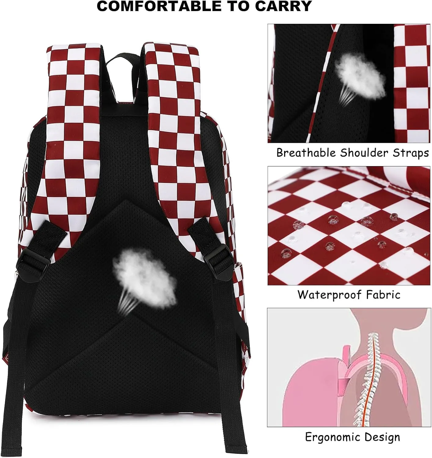 Fuyicat Checkered School Backpack for Girls, Kids Teens Elementary Middle School Bag Women College Bookbag Laptop Backpacks (Wine Red)