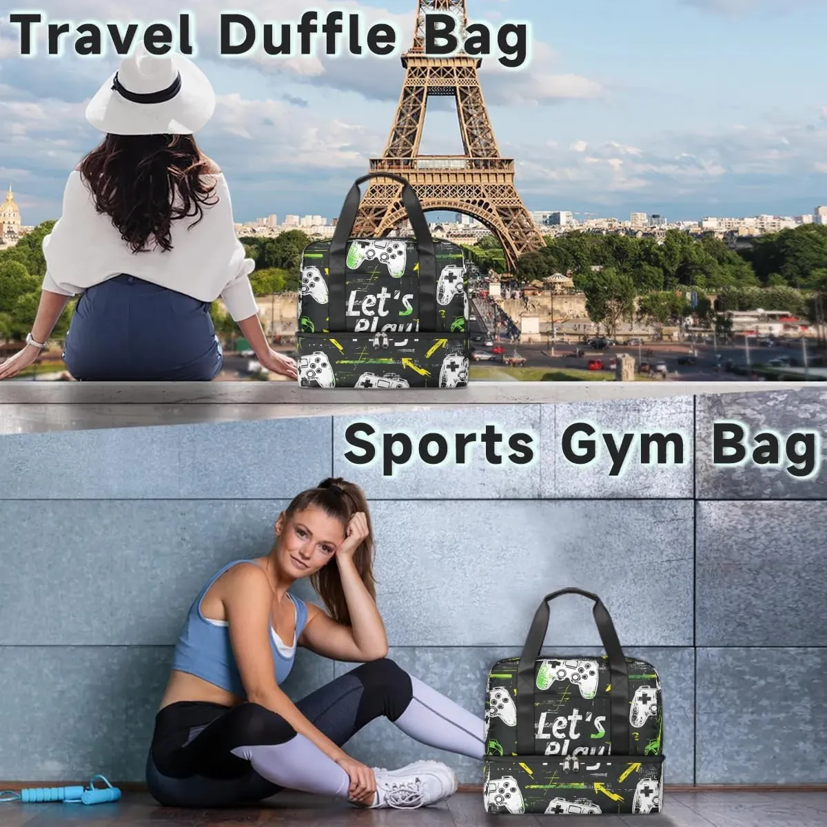 Gaming Theme Travel Duffel Bag Dry Wet Separated Sports Tote Travel Duffle Bag Gym Workout Bag Women Travel Duffel Bag for Women, Travel, Gym, Work
