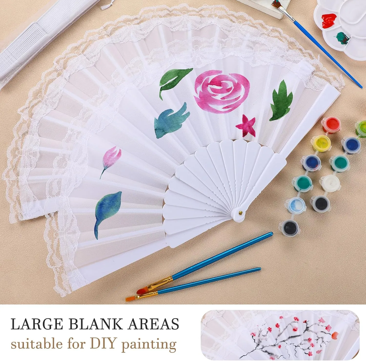 Geelin 50 Pcs Hand Lace Foldable Fans Bulk for Women with Organza Bag Lace Folded Hand European Retro Fan Bridal Dancing Prop Wedding Party Favors for Dancing Tea Party (Satin Finish,White)