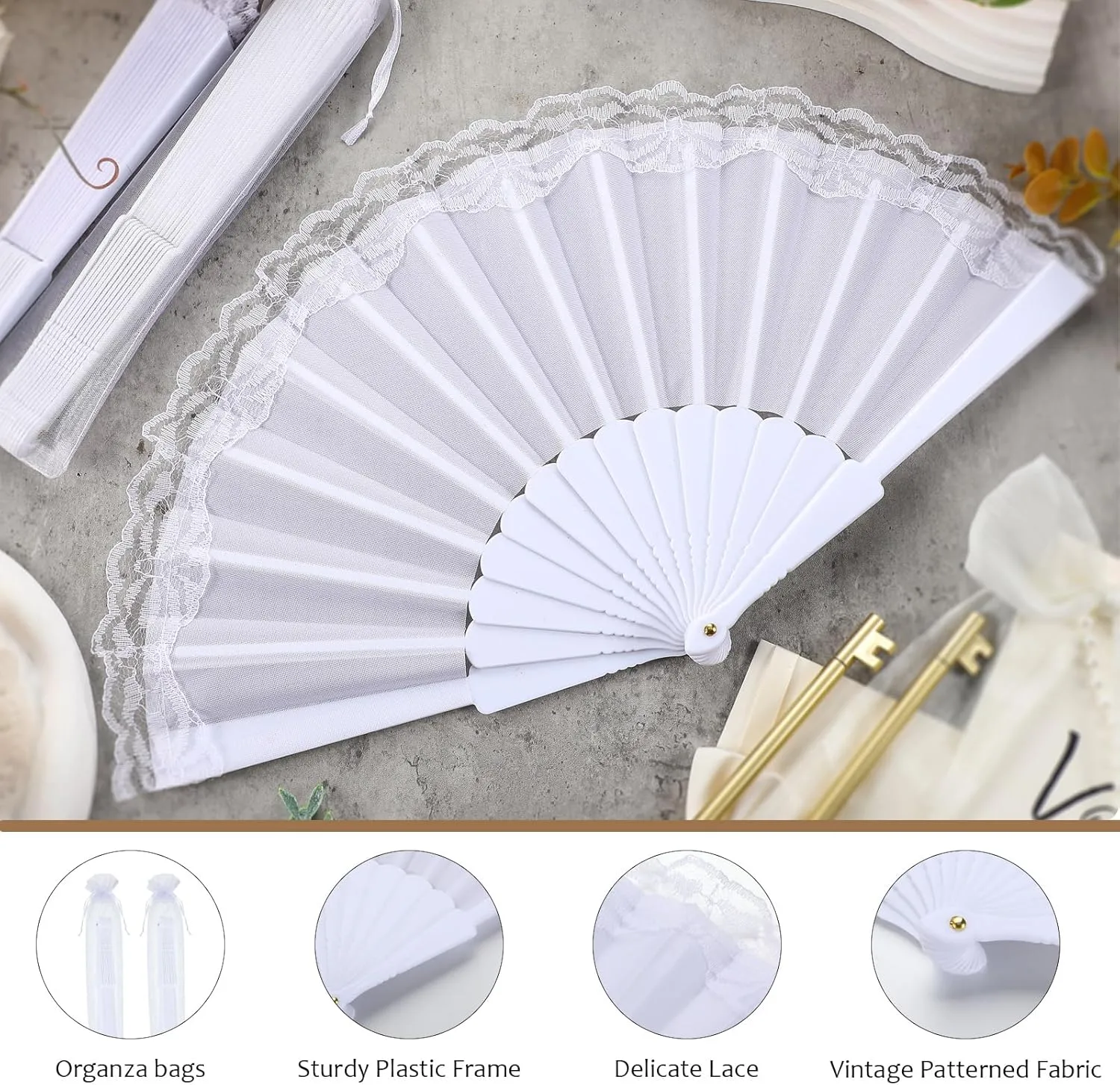 Geelin 50 Pcs Hand Lace Foldable Fans Bulk for Women with Organza Bag Lace Folded Hand European Retro Fan Bridal Dancing Prop Wedding Party Favors for Dancing Tea Party (Satin Finish,White)