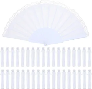 Geelin 50 Pcs Hand Lace Foldable Fans Bulk for Women with Organza Bag Lace Folded Hand European Retro Fan Bridal Dancing Prop Wedding Party Favors for Dancing Tea Party (Satin Finish,White)