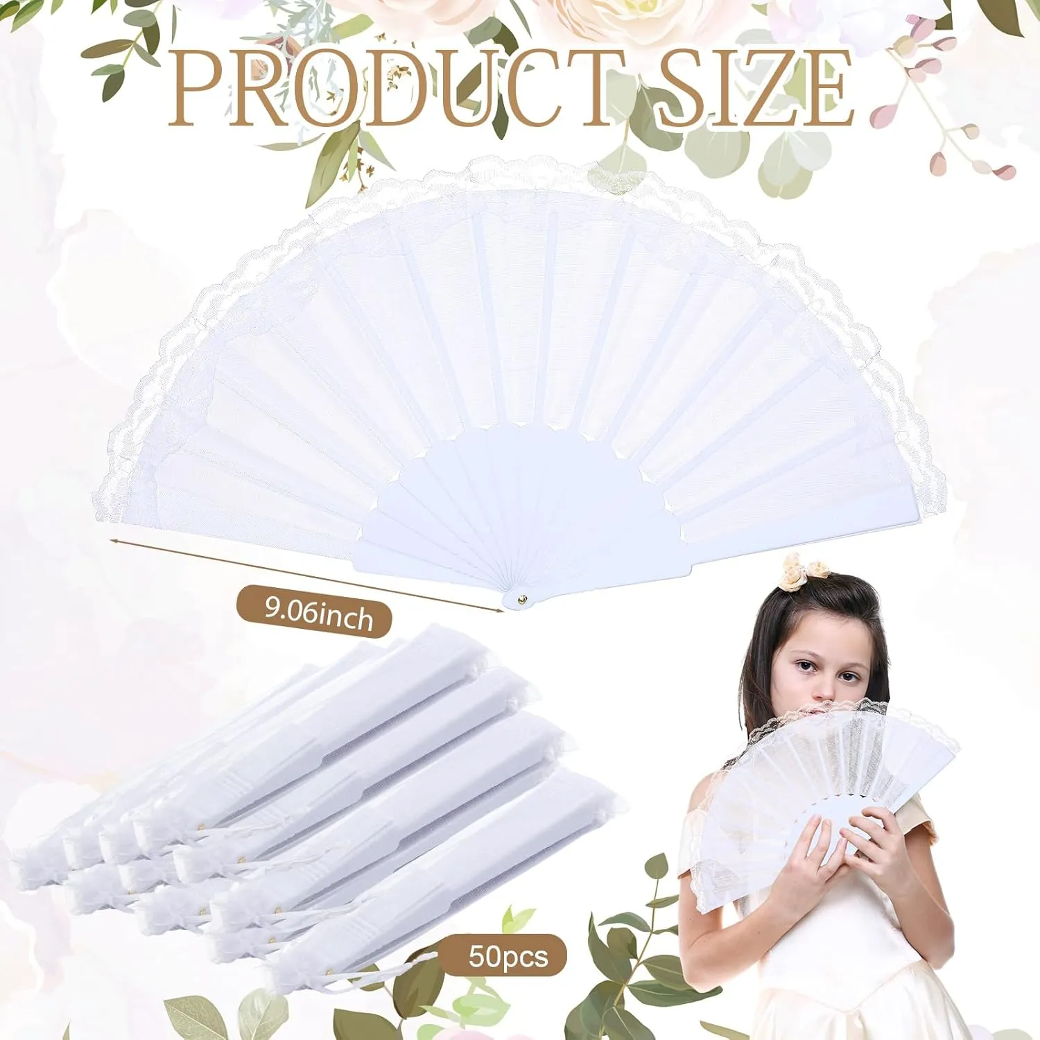 Geelin 50 Pcs Hand Lace Foldable Fans Bulk for Women with Organza Bag Lace Folded Hand European Retro Fan Bridal Dancing Prop Wedding Party Favors for Dancing Tea Party (Satin Finish,White)