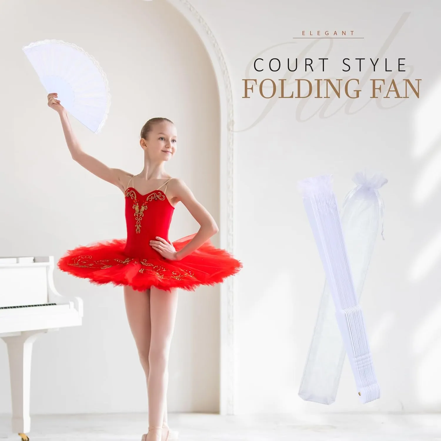 Geelin 50 Pcs Hand Lace Foldable Fans Bulk for Women with Organza Bag Lace Folded Hand European Retro Fan Bridal Dancing Prop Wedding Party Favors for Dancing Tea Party (Satin Finish,White)
