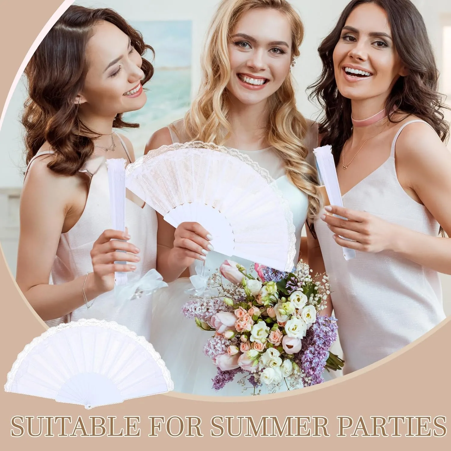 Geelin 50 Pcs Hand Lace Foldable Fans Bulk for Women with Organza Bag Lace Folded Hand European Retro Fan Bridal Dancing Prop Wedding Party Favors for Dancing Tea Party (Satin Finish,White)