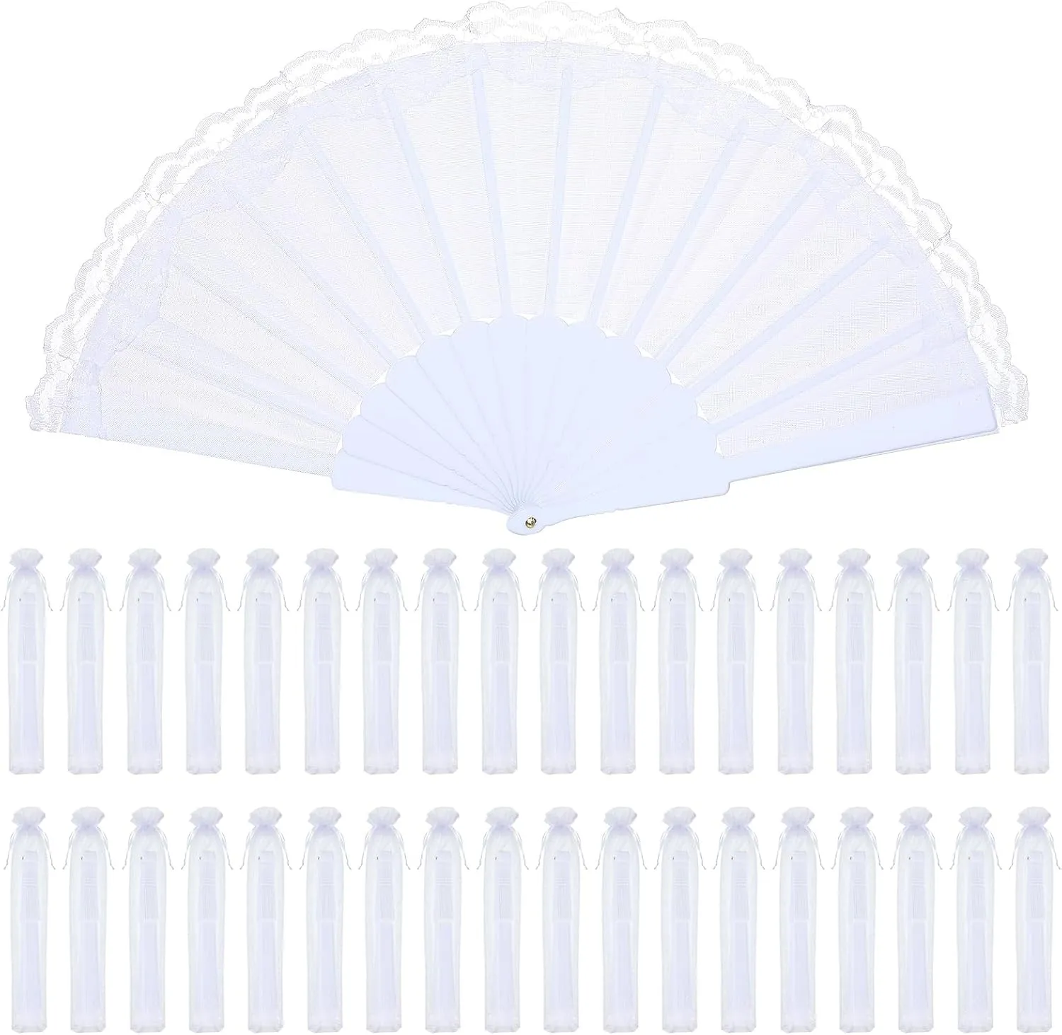 Geelin 50 Pcs Hand Lace Foldable Fans Bulk for Women with Organza Bag Lace Folded Hand European Retro Fan Bridal Dancing Prop Wedding Party Favors for Dancing Tea Party (Satin Finish,White)