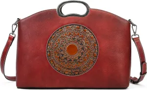 Genuine Leather Handbags for Women, Organizer Crossbody Bag Large Satchel Vintage Embossing Totem Shoulder Bag