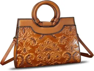 Genuine Leather Purses and Handbags for Women Vintage Embossed Leather Crossbody Shoulder Bag Satchel Top Handle Bag