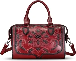 Genuine Leather Purses and Handbags for Women Vintage Embossed Leather Top Handle Crossbody Shoulder Bag Satchel Bag Strap