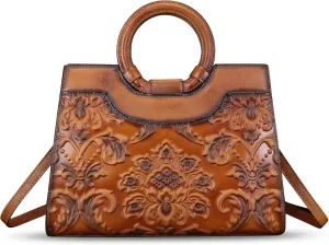 Genuine Leather Purses and Handbags for Women Vintage Embossed Leather Top Handle Satchel Bags Crossbody Shoulder Bag Strap