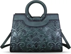 Genuine Leather Purses and Handbags for Women Vintage Embossed Leather Top Handle Satchel Bags Crossbody Shoulder Bag Strap