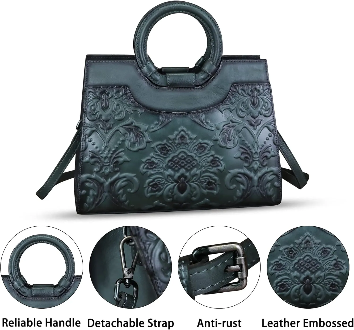 Genuine Leather Purses and Handbags for Women Vintage Embossed Leather Top Handle Satchel Bags Crossbody Shoulder Bag Strap