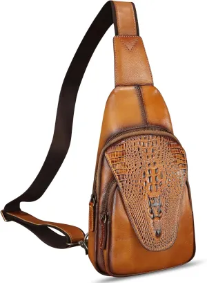 Genuine Leather Silng Bag for Men and Women Embossed Crocodile Leather Sling Backpack Chest Crossbody Bag