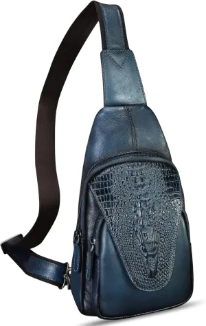 Genuine Leather Silng Bag for Men and Women Embossed Crocodile Leather Sling Backpack Chest Crossbody Bag