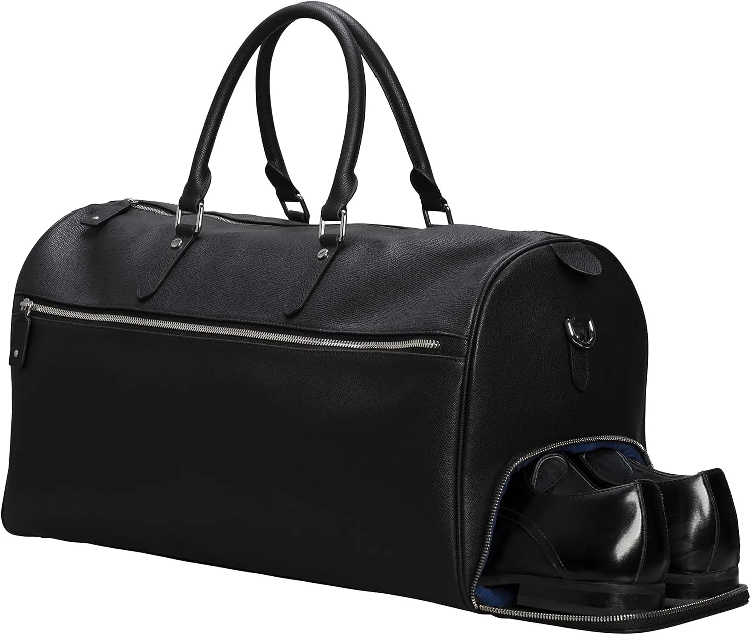 Genuine Leather Travel Bag with Shoe Compartment - Weekender/overnight bag, carry on, duffel bag (Black)