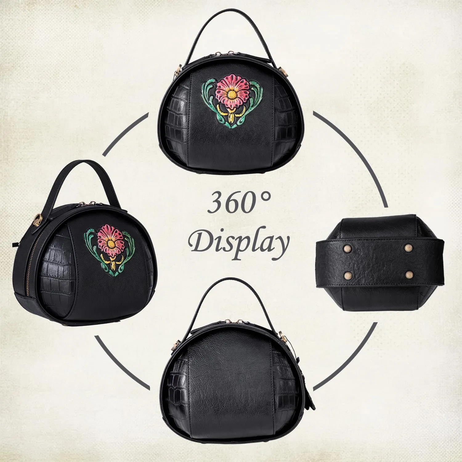 Genuine Leather Vintage Bag for Women - Cowhide Leather Crossbody Purse - Flower Embossed Handbag
