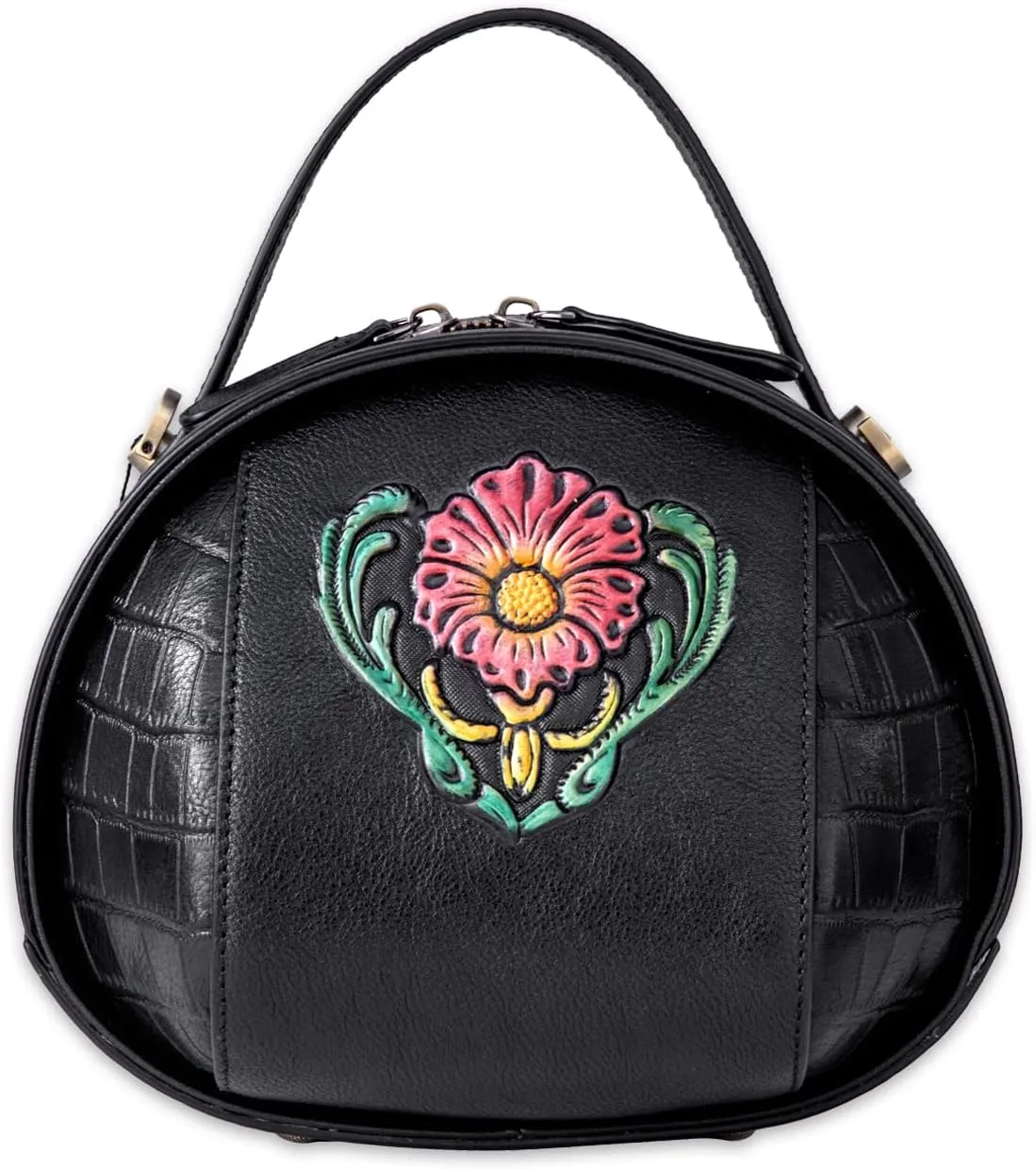 Genuine Leather Vintage Bag for Women - Cowhide Leather Crossbody Purse - Flower Embossed Handbag