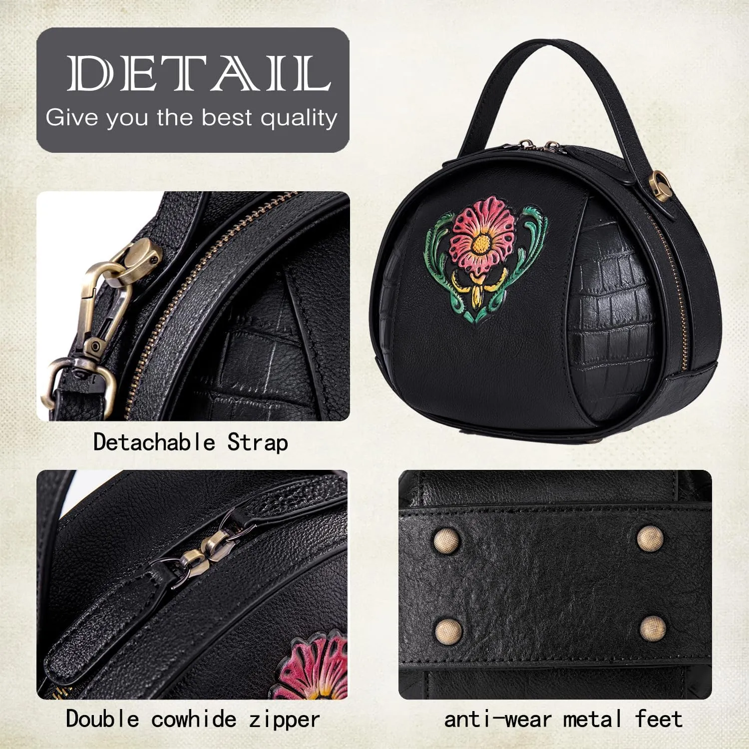 Genuine Leather Vintage Bag for Women - Cowhide Leather Crossbody Purse - Flower Embossed Handbag