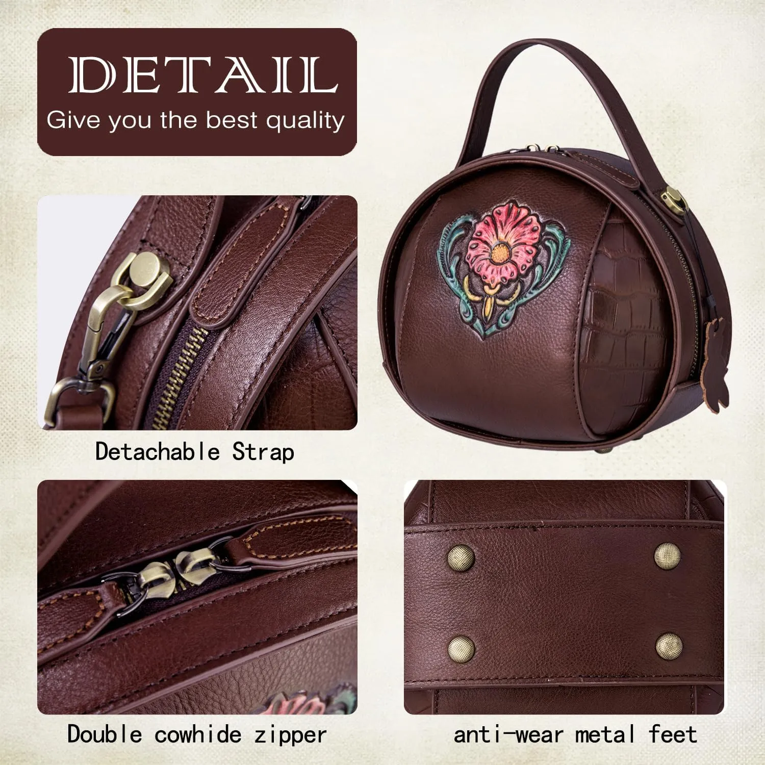Genuine Leather Vintage Bag for Women - Cowhide Leather Crossbody Purse - Flower Embossed Handbag