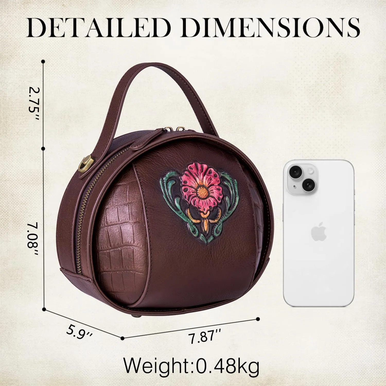 Genuine Leather Vintage Bag for Women - Cowhide Leather Crossbody Purse - Flower Embossed Handbag