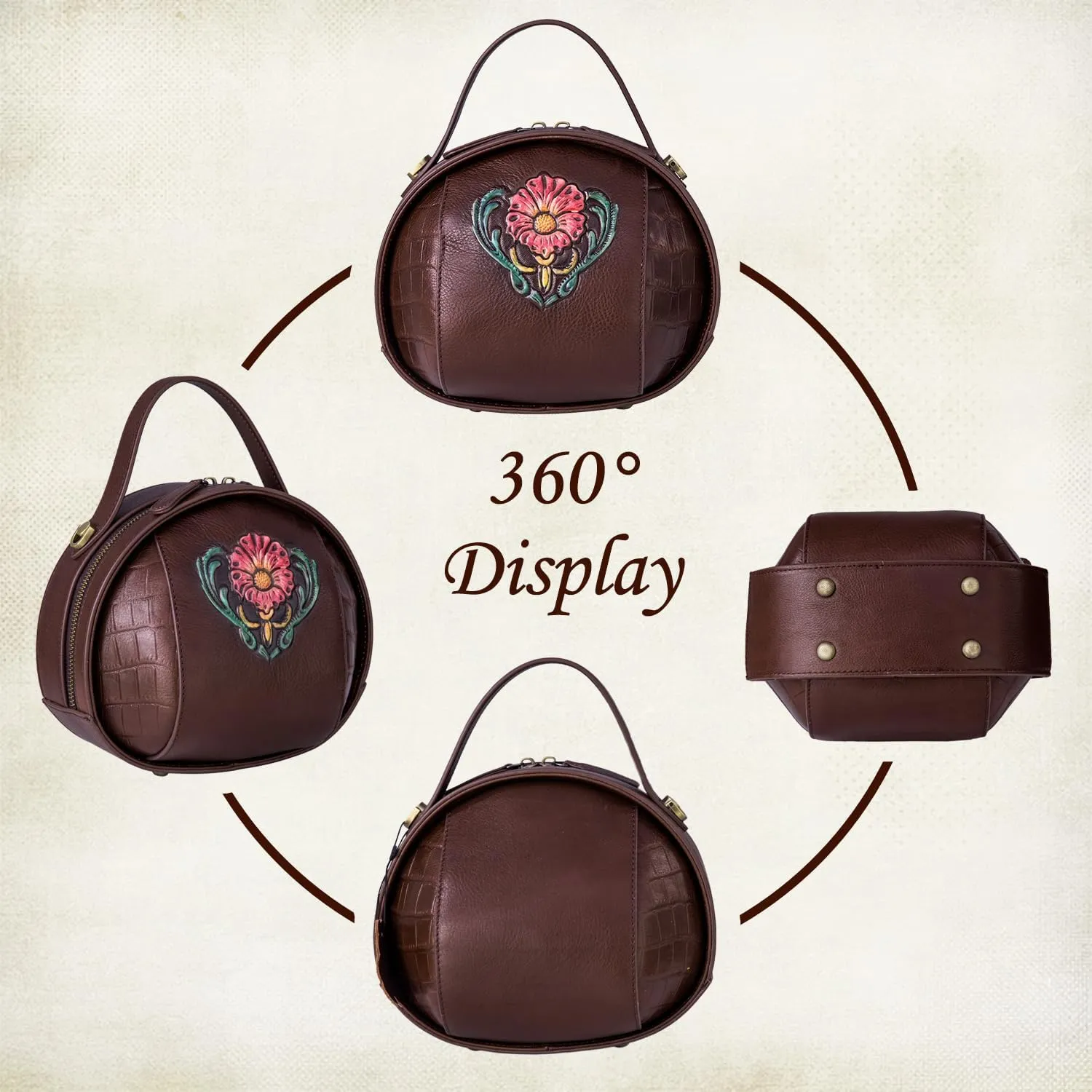 Genuine Leather Vintage Bag for Women - Cowhide Leather Crossbody Purse - Flower Embossed Handbag