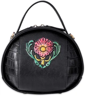 Genuine Leather Vintage Bag for Women - Cowhide Leather Crossbody Purse - Flower Embossed Handbag