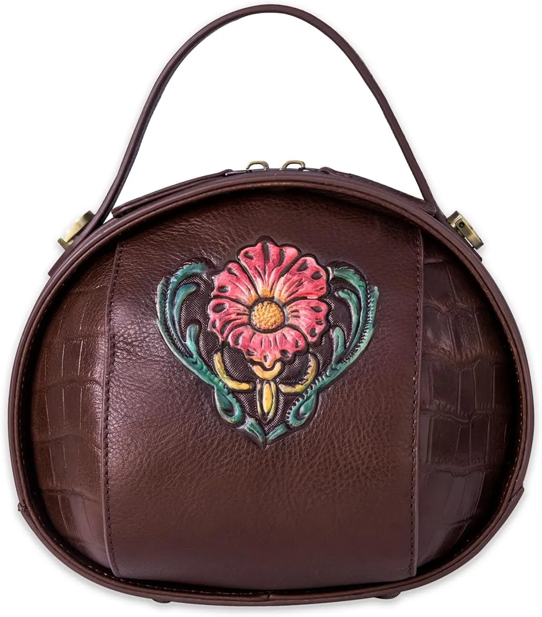 Genuine Leather Vintage Bag for Women - Cowhide Leather Crossbody Purse - Flower Embossed Handbag