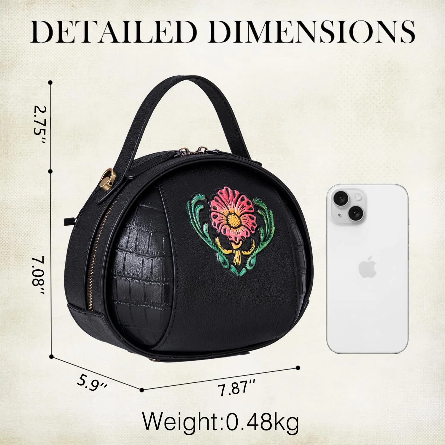 Genuine Leather Vintage Bag for Women - Cowhide Leather Crossbody Purse - Flower Embossed Handbag