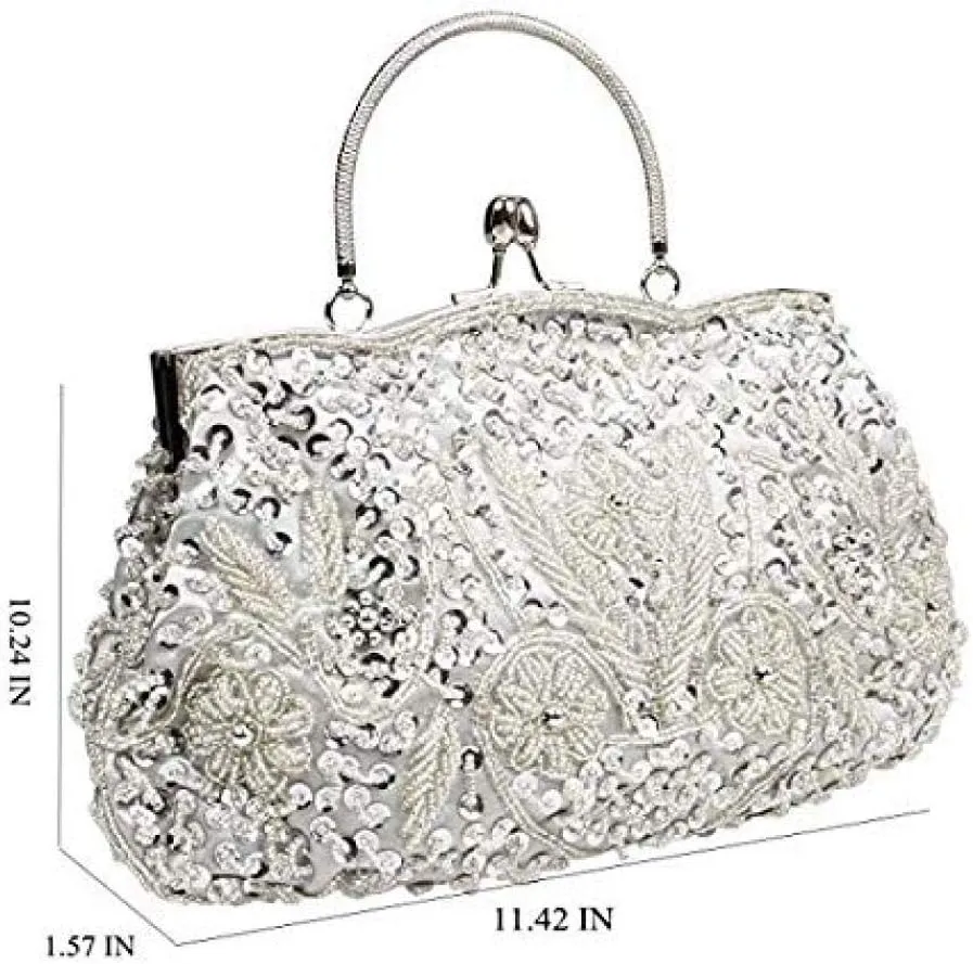 Gets Noble Beaded Sequin Flower Evening Purse Large Clutch Bag Handbag for Women