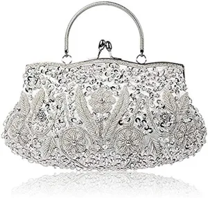 Gets Noble Beaded Sequin Flower Evening Purse Large Clutch Bag Handbag for Women