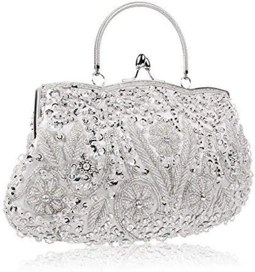 Gets Noble Beaded Sequin Flower Evening Purse Large Clutch Bag Handbag for Women