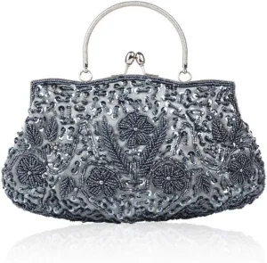 Gets Noble Beaded Sequin Flower Evening Purse Large Clutch Bag Handbag for Women