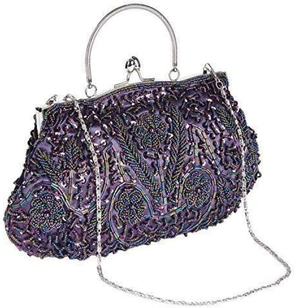 Gets Noble Beaded Sequin Flower Evening Purse Large Clutch Bag Handbag for Women
