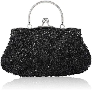 Gets Noble Beaded Sequin Flower Evening Purse Large Clutch Bag Handbag for Women