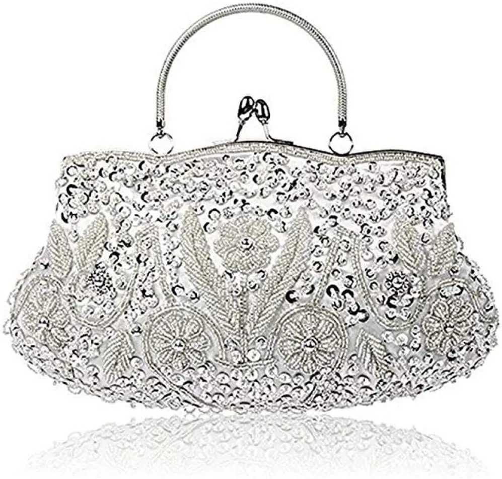Gets Noble Beaded Sequin Flower Evening Purse Large Clutch Bag Handbag for Women