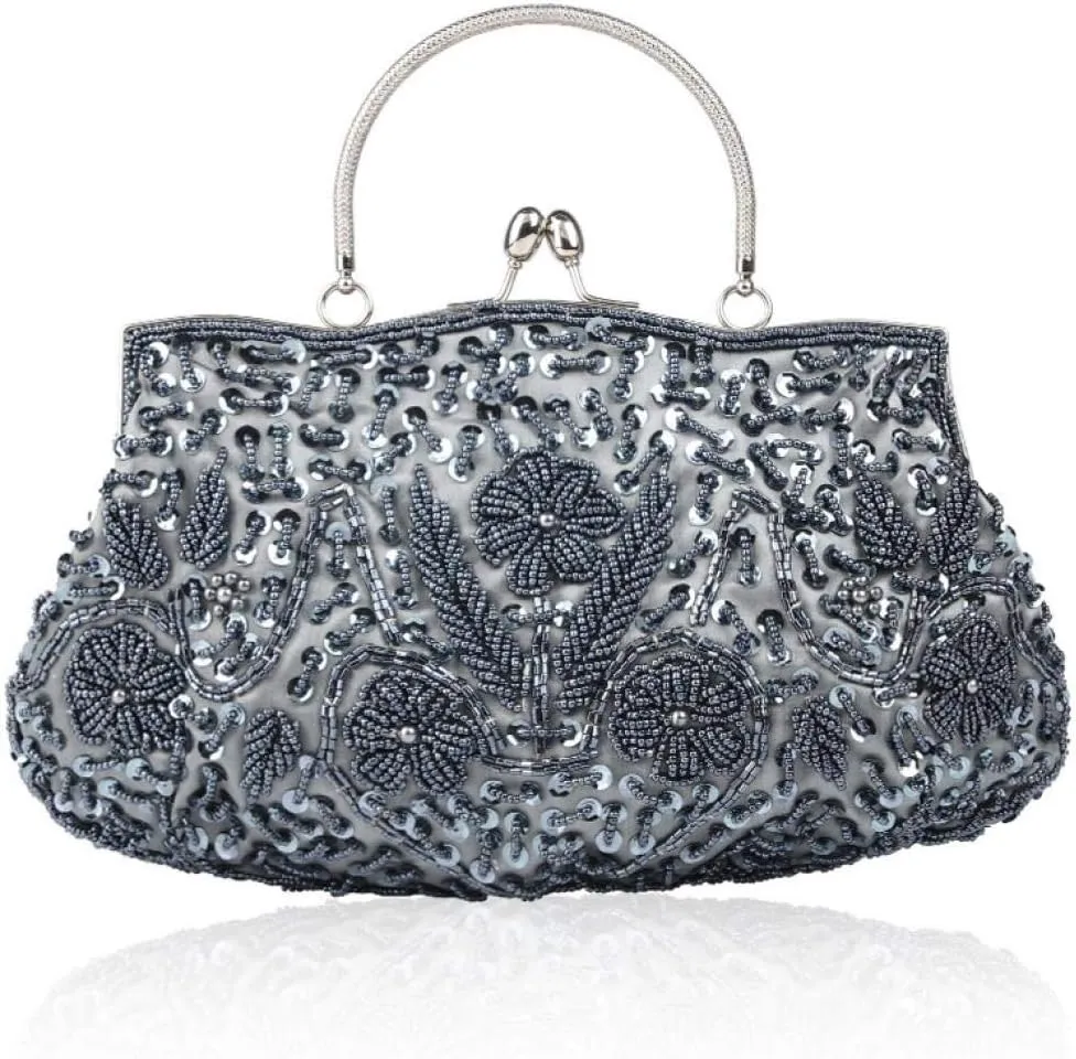 Gets Noble Beaded Sequin Flower Evening Purse Large Clutch Bag Handbag for Women