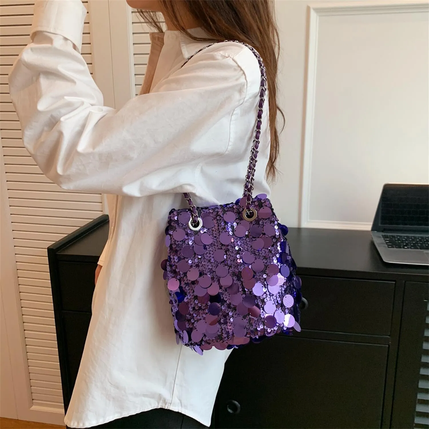 Glitter Sequin Evening Shoulder Crossbody Bag Women Bling Handbag and Purse Sparkly Prom Party Bucket Bag