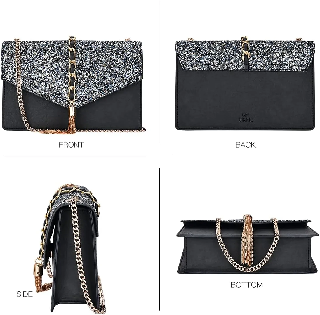 GM LIKKIE Crossbody Clutch Purse for Women, Glitter Evening Bag, Sequin Tassel Wedding Handbag for Party