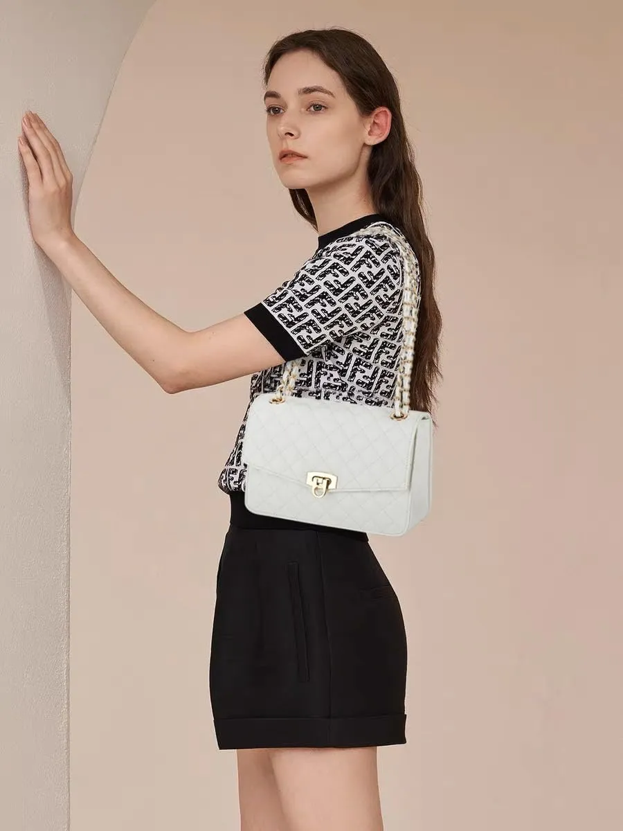 GM LIKKIE Quilted Shoulder Bag for Women, Medium Flap Crossbody Handbag with Chain Strap, Soft Vegan Leather Clutch Purse