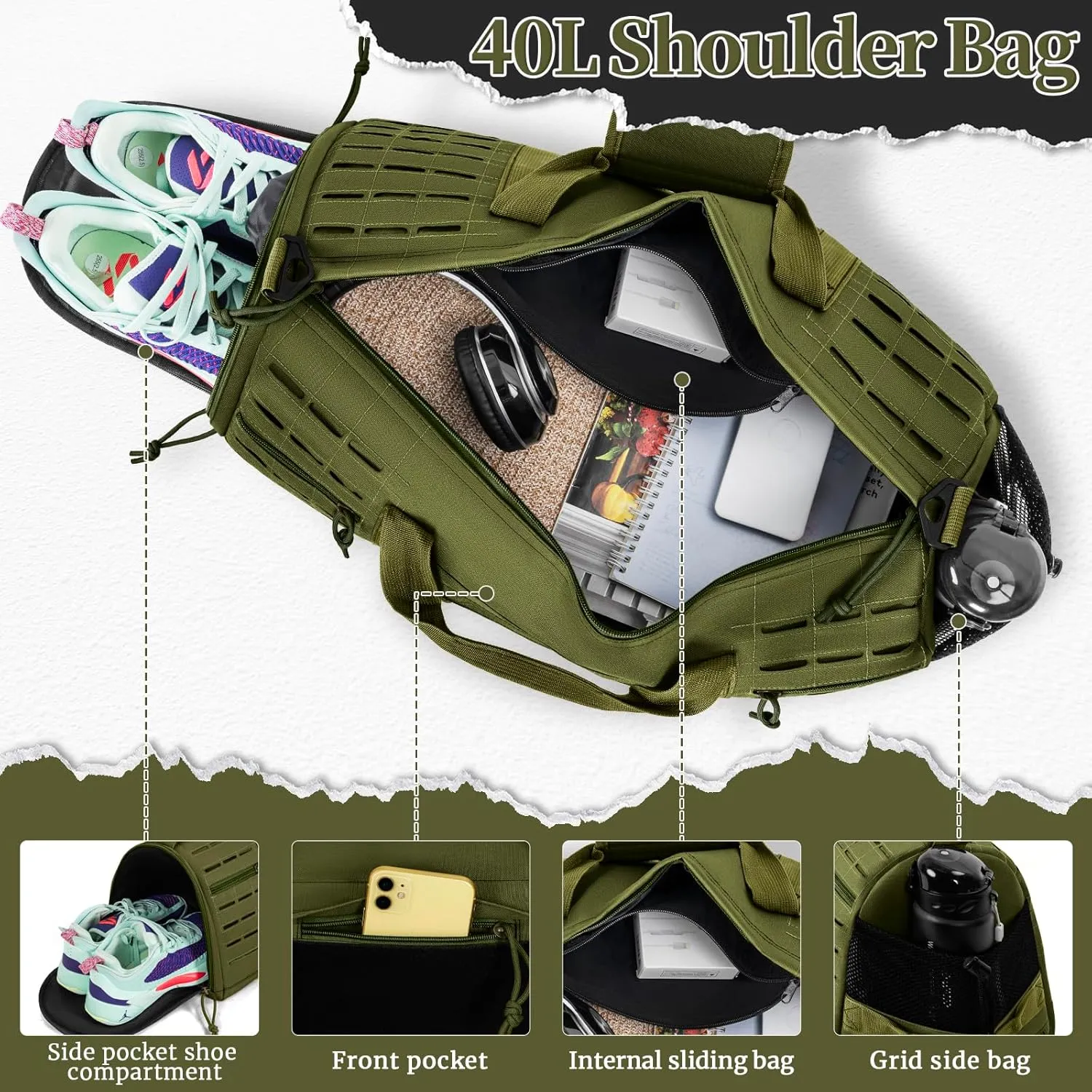 GMAK Military Tactical Duffle Bag for Men, 40L Sports Gym Bag with Shoe Compartment, Carry on Bag Travel Duffle Bag for Weekender Overnight Gym Workout Training Basketball Football, Green