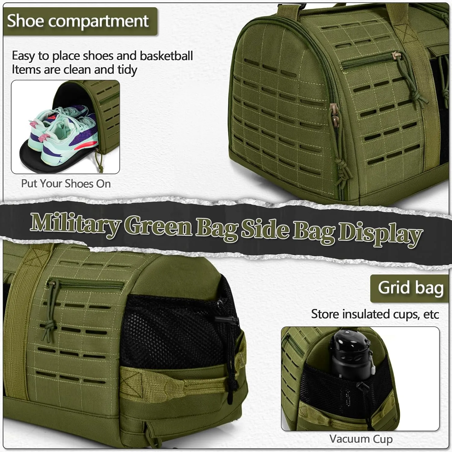GMAK Military Tactical Duffle Bag for Men, 40L Sports Gym Bag with Shoe Compartment, Carry on Bag Travel Duffle Bag for Weekender Overnight Gym Workout Training Basketball Football, Green