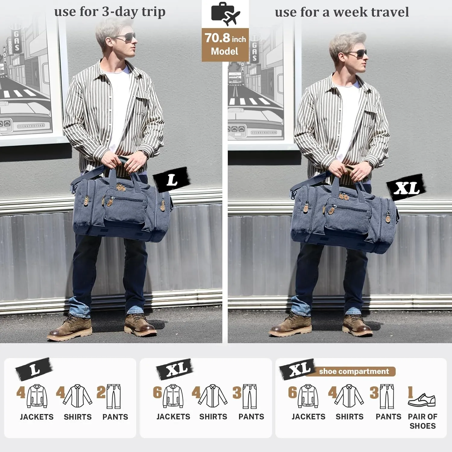 Gonex Canvas Duffle Bag for Travel 50L Expandable Duffel Weekend Overnight Bag (Denim Blue)