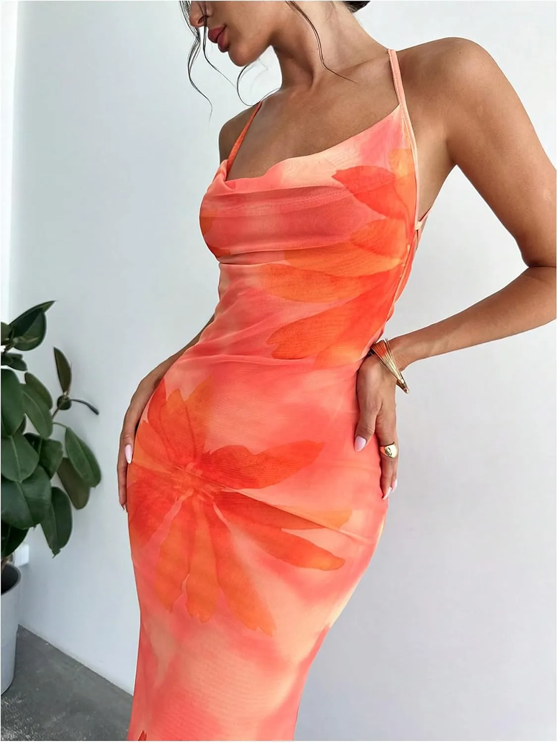 GORGLITTER Women's Floral Mesh Bodycon Fishtail Maxi Dresses Open Back Bow Tie Birthday Wedding Guest Dinner Long Dress