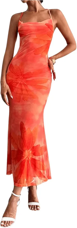 GORGLITTER Women's Floral Mesh Bodycon Fishtail Maxi Dresses Open Back Bow Tie Birthday Wedding Guest Dinner Long Dress