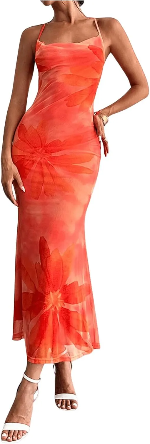 GORGLITTER Women's Floral Mesh Bodycon Fishtail Maxi Dresses Open Back Bow Tie Birthday Wedding Guest Dinner Long Dress